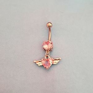 🆕️ Stainless Steel Angel Wings Pink Heart Zircon Belly Button Ring